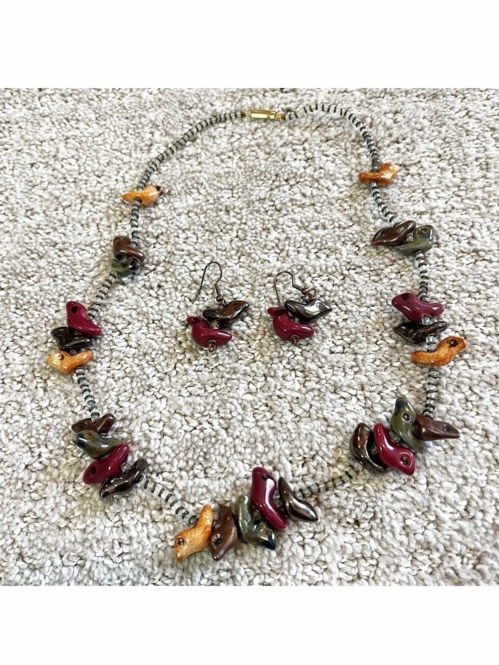 Santa Clara Pottery Southwestern Fetish Birds Zuni Necklace Glass Bead Earrings